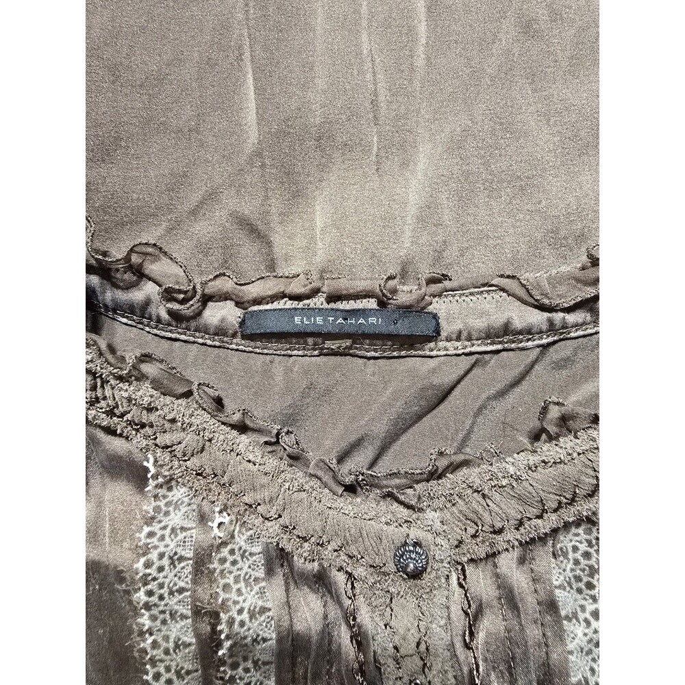 Elie Tahari Silk Chiffon Lace Trim Sheer Blouse Women Medium Quiet Luxury Old Mo - Picture 5 of 5